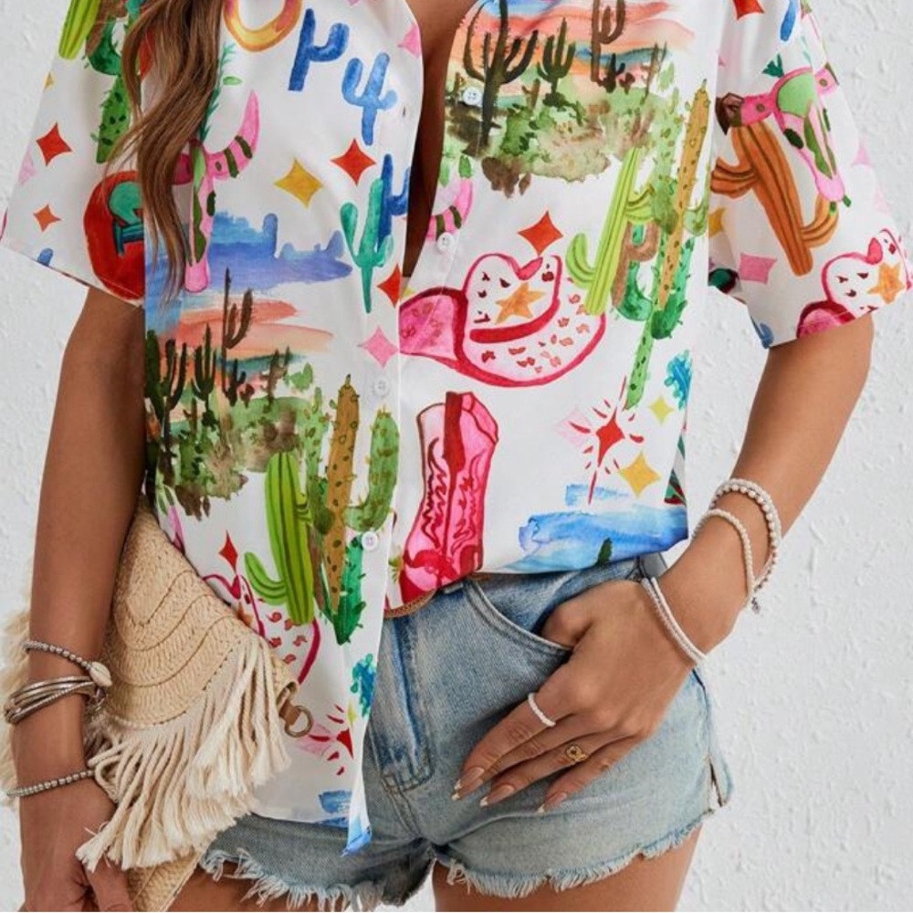 SHEIN White Graphic Boxy Button Down Polo Top